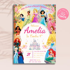 Princess birthday card with a pink 'Edit Free with Canva' badge and pencil icon. Highlights that the royal theme invitation is a digital download with fully customizable text, colors, and fonts for easy DIY editing.