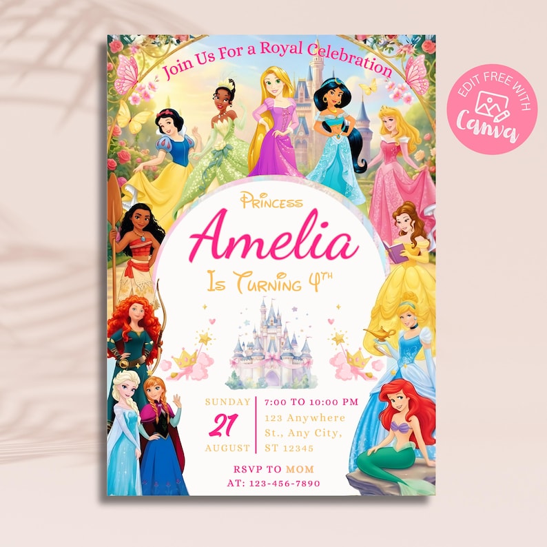 Princess birthday card with a pink 'Edit Free with Canva' badge and pencil icon. Highlights that the royal theme invitation is a digital download with fully customizable text, colors, and fonts for easy DIY editing.