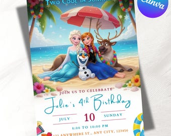 Editable Frozen Fun Summer Party Birthday Invitation, Frozen Pool Party Princess Elsa Anna Olaf Invite, Girls Birthday Party Canva Template