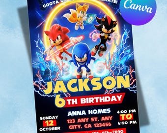 Editable Sonic 3 Birthday Invitation, Super Hedgehog Theme, Kids Birthday Invite, Canva Digital Template