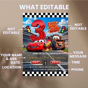 Diagram explaining "What's Editable" on the invitation. Arrows point to customizable fields for name, age, date, location, message, time, and phone number. Graphics like the cars and traffic lights are labeled as not editable.