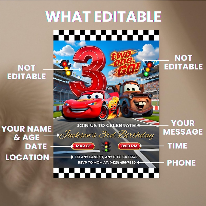 Diagram explaining "What's Editable" on the invitation. Arrows point to customizable fields for name, age, date, location, message, time, and phone number. Graphics like the cars and traffic lights are labeled as not editable.