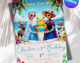 Frozen Fun Summer Party Birthday Invitation, Pool Party Princess Elsa Anna Olaf Invite 2nd 3rd 4th 5th Birthday girl decor instant download