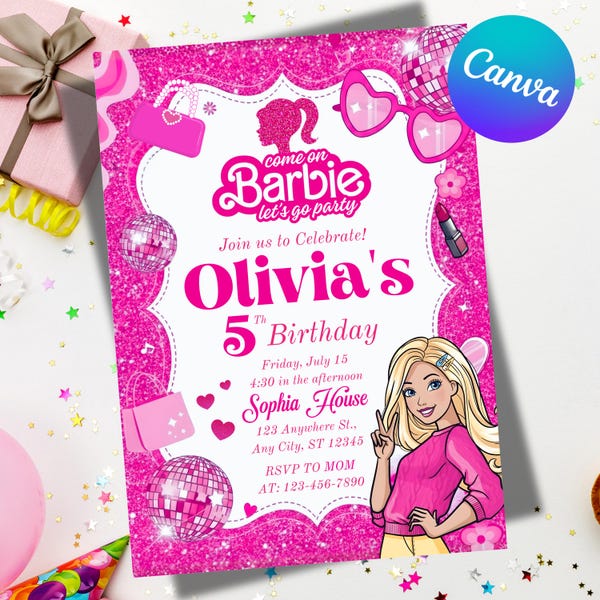Editable Fashion Doll Birthday Invitation, Bestie Invite, Malibu Hot Pink Glitter Party, Canva Template