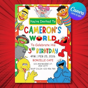 May include: A colorful birthday party invitation featuring Sesame Street characters. The invitation reads "You're Invited To CAMERON'S WORLD To Celebrate His 3rd BIRHTDAY" with event details. The design includes a red and white border.