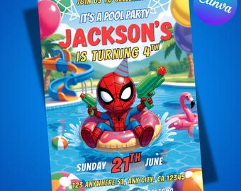 Invito per festa in piscina di Spidey modificabile, Invito di Spidey e dei suoi fantastici amici, Invito per festa in piscina, Modello Canva, Download digitale