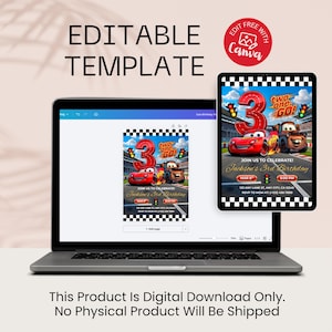 Digital product preview showing the invitation on a laptop and tablet screen. Text confirms "Editable Template" and "Digital Download Only," emphasizing that no physical product will be shipped to the customer.