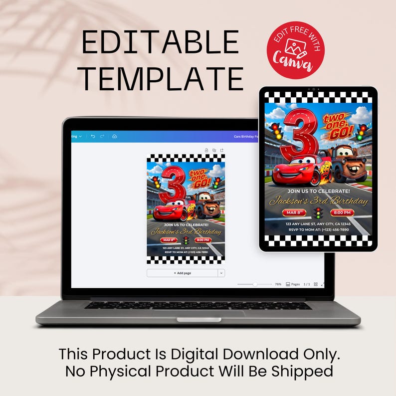 Digital product preview showing the invitation on a laptop and tablet screen. Text confirms "Editable Template" and "Digital Download Only," emphasizing that no physical product will be shipped to the customer.