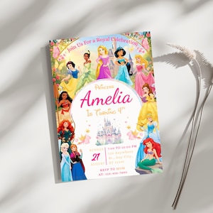 Princess theme invitation displayed on a white surface with dried flowers and a gold envelope. Shows the elegant art style and soft pastel color palette in a whimsical, elegant flat lay setting.