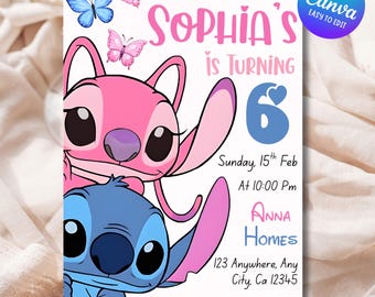 Editable Stitch and Angel Birthday Invitation, Stitch Party Invite for Girls, Printable Stitch Invite, Pink Blue bday, Canva Template