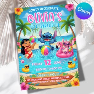 May include: A birthday invitation card featuring Lilo and Stitch characters in a swimming pool with beach balls, a flamingo float, and rubber ducks. Text includes JOIN US TO CELEBRATE OLIVIA'S 5TH BIRTHDAY, FRIDAY 12 JUNE, 3:00 PM TO 6:00 PM, and location details.