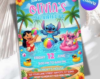 Stitch Pool Party Birthday Invitation, Lilo and Stitch Summer Luau Invite, Editable 5x7 Canva Template, Instant Digital Download