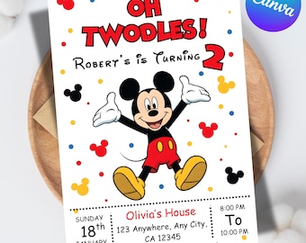 Editable Oh Twodles Birthday Invitation, Mickey Mouse 2nd Birthday Invitation, Personalized Kids Invite, Canva Template, Instant Download