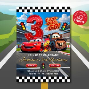 May include: A birthday party invitation featuring Lightning McQueen and Mater from the Cars movie. The invitation includes the number 3, the text "Two One, Go!", and details for Jackson's 3rd birthday, including the date, time, and location.