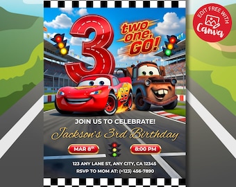Invito per il terzo compleanno di Saetta McQueen, festa di compleanno per bambini, tema Cars, modello Canva modificabile, download digitale
