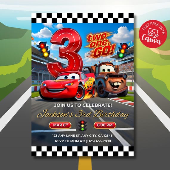 Lightning Mcqueen 3rd Birthday Invitation, Kids Birthday Party, Cars Theme, Editable Canva Template Digital Download