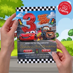 A person’s hands holding a printed version of the Lightning McQueen birthday invitation against a sunny park and trees background, showcasing the high-quality print result of the digital 3rd birthday template.