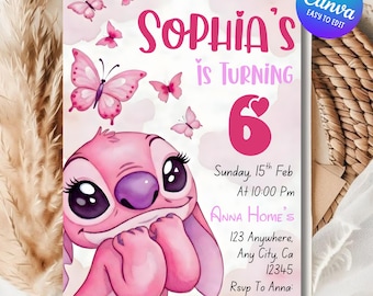Editable Stitch Angel Birthday Invitation: Girls Birthday Invite Canva Personalized Template (Digital Download)
