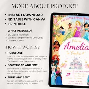 Infographic titled 'More About Product' listing features: Instant Download, Editable with Canva, and Printable. Includes 5x7 size, editable fonts, colors, and lifetime access details for the digital invitation.