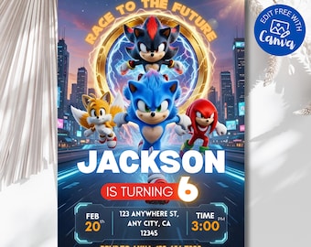 Sonic 3 Birthday Invitation, Editable Sonic the Hedgehog Party Invite, 5x7 Canva Template, Digital Download