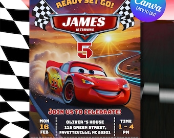 Cars Birthday Invitation, Lightning McQueen & Mater Invite, Kids Party Invitation, Instant Download, Canva Editable