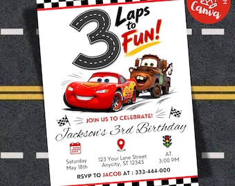 Lightning McQueen 3rd Birthday Invitation, Cars Theme Party Invite, Mater Editable Canva Template, Kids Racing Digital Download (5x7)
