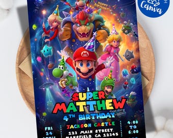 Invitación de cumpleaños de Mario Galaxy, invitación para fiesta espacial, tarjeta de cumpleaños para niños con temática de videojuegos, plantilla de Canva, descarga instantánea (5 x 7 pulgadas)