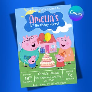 May include: A colourful birthday party invitation with a cartoon pig family. The invitation says "Amelia's 3rd Birthday Party!" with the date, time, and location details. The Canva logo is in the top right corner.