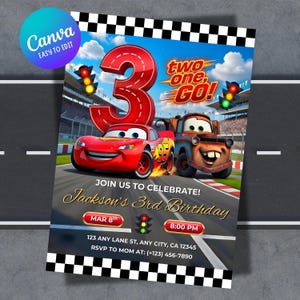 Lightning McQueen and Mater 3rd birthday invitation template. Vibrant racing track background with a large red number 3, checkered flag border, and "Jackson's 3rd Birthday" text. Includes a blue Canva easy-to-edit badge.
