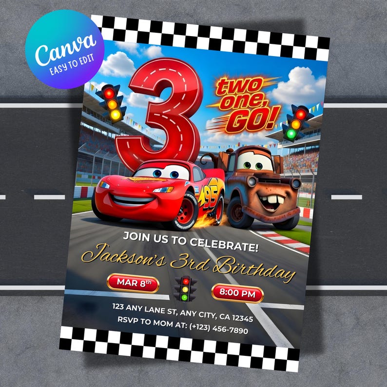 Lightning McQueen and Mater 3rd birthday invitation template. Vibrant racing track background with a large red number 3, checkered flag border, and "Jackson's 3rd Birthday" text. Includes a blue Canva easy-to-edit badge.