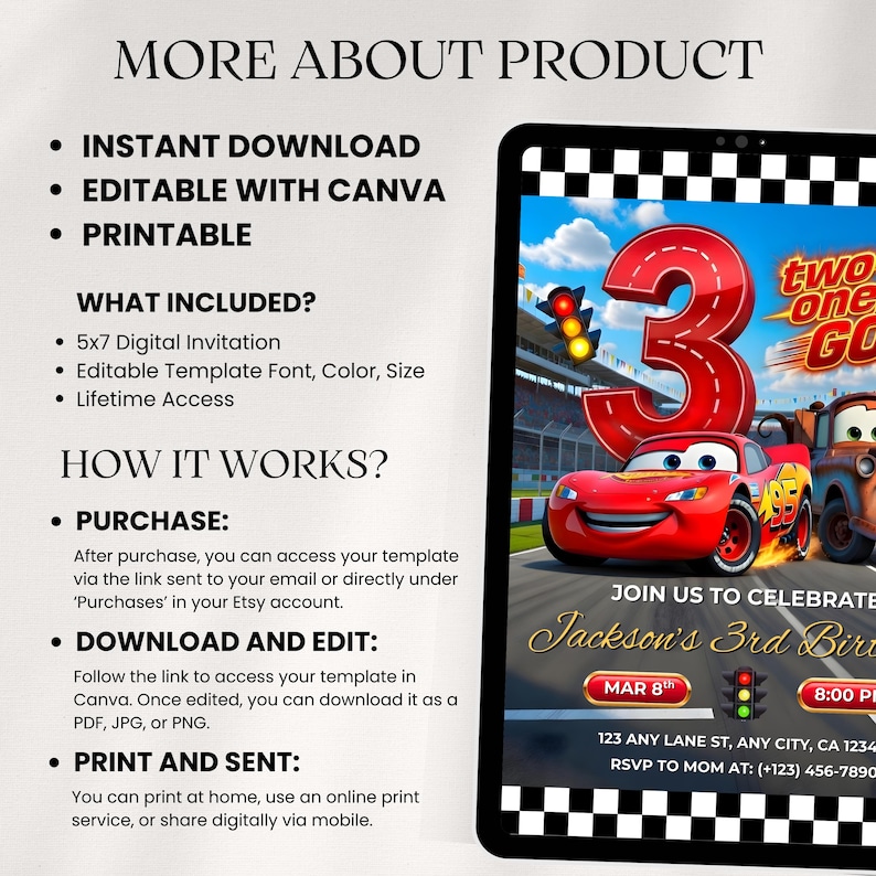 Informational slide titled "More About Product." Bullet points list features like instant download, printable, and editable with Canva. Includes a 3-step guide: Purchase, Download and Edit, and Print and Send.