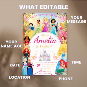 Diagram of the princess invitation with arrows labeling editable areas: Your Name, Age, Your Message, Date, Time, Location, and Phone. A visual guide for personalizing the royal-themed Canva template.
