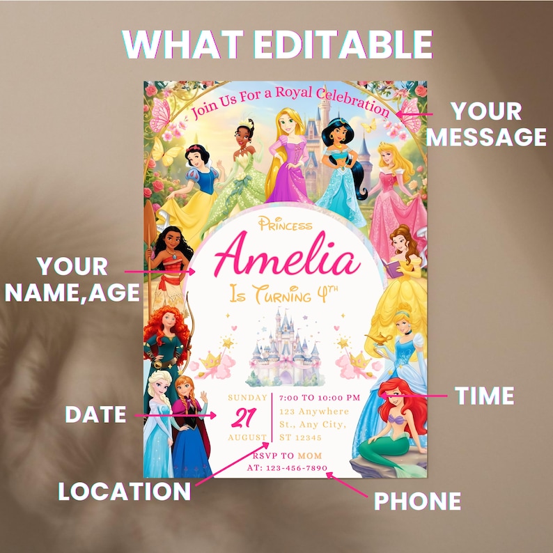 Diagram of the princess invitation with arrows labeling editable areas: Your Name, Age, Your Message, Date, Time, Location, and Phone. A visual guide for personalizing the royal-themed Canva template.