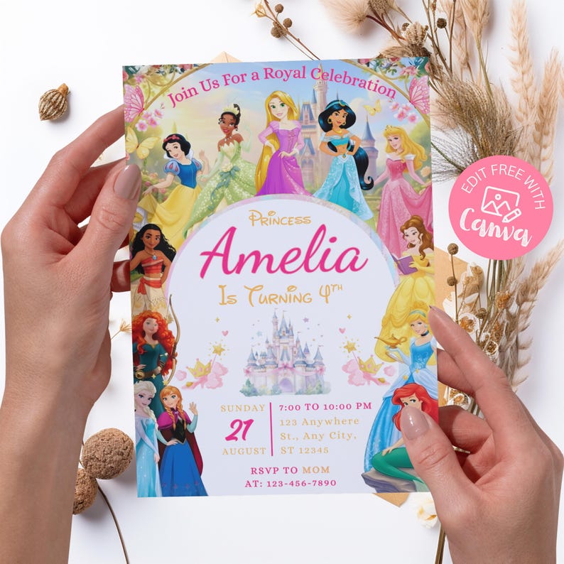Hands holding a printed 5x7 princess birthday invitation, demonstrating the physical scale and vibrant pink colors. Features classic fairy tale princesses and a golden castle on high-quality printed paper.