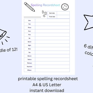 Op de afbeelding: Een afdrukbaar spellingregistratieblad met een potlood- en smiley-illustratie. Het blad bevat ruimte voor start- en einddata en genummerde regels voor vijftien woorden. De tekst luidt "Bundle of 12!" en "6 verschillende kleuren!"