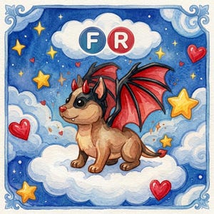 May include: A watercolour illustration of a tan creature with black and red wings, small red horns, and a tail, standing on a white cloud. The background is a dark blue sky with yellow stars, red hearts, and a white cloud containing the letters FR.