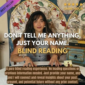 Peut inclure: Une publicité numérique pour un service de lecture à l'aveugle montrant une personne aux cheveux bruns portant un gilet gris. Le texte indique "DON'T TELL ME ANYTHING, JUST YOUR NAME. BLIND READING" avec une description du service.