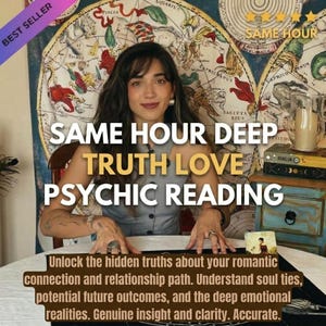 以下が含まれることがあります： SAME HOUR DEEP TRUTH LOVE PSYCHIC READINGというテキストが記載されたサイキックリーディングのサービス案内。グレーのベストを着た人物、ヴィンテージの星座マップの背景、キャンドル、BIBLIAというタイトルの本、および追加のテキストが含まれています。