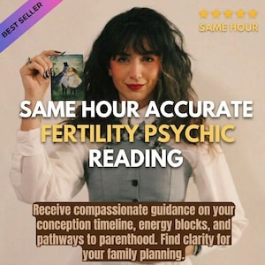May include: A rectangular card featuring an illustration of two figures in formal attire embracing, held up by a person. Text reads: SAME HOUR ACCURATE FERTILITY PSYCHIC READING. Receive compassionate guidance on your conception timeline, energy blocks, and pathways to parenthood. Find clarity for your family planning.