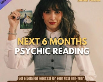 May include: A woman holding a card with an illustration of two figures. The image includes text that reads "NEXT 6 MONTHS PSYCHIC READING". Additional text states "Get a Detailed Forecast for Your Next Half-Year. SAME HOUR | NO TOOLS | ACCURATE".