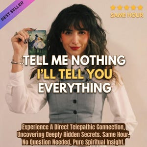 May include: A rectangular card featuring an illustration of two figures in a landscape, held up by a person wearing a white collared shirt and a grey button-down vest. Text reads: TELL ME NOTHING I'LL TELL YOU EVERYTHING. Additional text includes BEST SELLER and SAME HOUR.