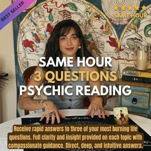 以下が含まれることがあります： SAME HOUR 3 QUESTIONS PSYCHIC READINGというテキストが記載されたサイキックリーディングサービスの広告。画像には、黒いマット、タロットカード、黄道十二星座が描かれたタペストリーを背景にテーブルに座る人物が写っています。