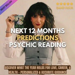 May include: A person wearing a white long-sleeved shirt under a grey button-up vest, holding a rectangular card with an illustration of two figures. Text reads: NEXT 12 MONTHS PREDICTIONS PSYCHIC READING, DISCOVER WHAT THE YEAR HOLDS FOR LOVE, CAREER, & HEALTH.