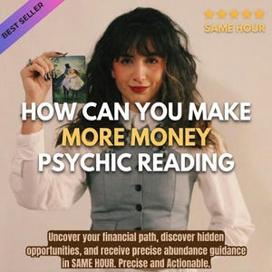 May include: A rectangular card featuring an illustration of a bird in a top hat embracing a figure in a white dress. The text reads: HOW CAN YOU MAKE MORE MONEY PSYCHIC READING. Below, a brown banner states: Uncover your financial path, discover hidden opportunities, and receive precise abundance guidance in SAME HOUR. Precise and Actionable.