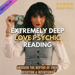 May include: A person wearing a white long-sleeved shirt under a grey button-up waistcoat, holding a rectangular card featuring an illustration of two figures. Text overlays read: BEST SELLER, SAME HOUR, EXTREMELY DEEP LOVE PSYCHIC READING, UNCOVER THE DEPTHS OF THEIR DEVOTION & INTENTIONS.