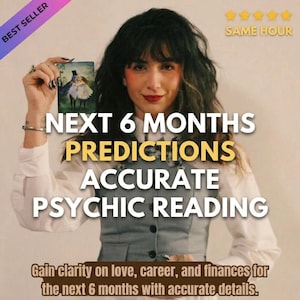 May include: A person wearing a white collared shirt and a grey vest holds a tarot card featuring an illustration of two figures. Text overlay reads: NEXT 6 MONTHS PREDICTIONS ACCURATE PSYCHIC READING. Gain clarity on love, career, and finances for the next 6 months.