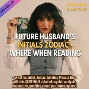 Puede incluir: Una persona con camisa blanca de manga larga y chaleco gris, sosteniendo una pequeña tarjeta rectangular con la ilustración de dos figuras. La imagen incluye el texto: FUTURE HUSBAND'S INITIALS ZODIAC - WHERE WHEN READING. Reveal his Initial, Zodiac, Meeting Place & Time.