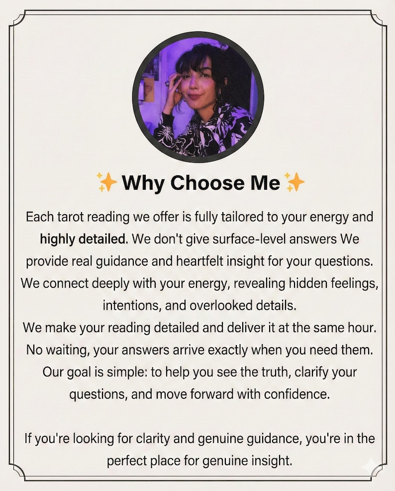 Pode incluir: Imagem com o texto "Why Choose Me" e uma foto de uma mulher com uma blusa estampada em preto e branco. O texto descreve leituras de tar&ocirc; detalhadas, orienta&ccedil;&atilde;o e insights para clareza e confian&ccedil;a.