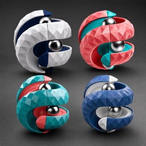 May include: Four spherical fidget toys with a faceted geometric outer shell and a smooth metallic ball bearing at the center. The set includes color combinations of white and navy, coral and teal, teal and coral, and blue and white, each with a textured surface.