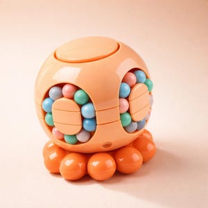 Puede incluir: Una bola de rompecabezas de color melocotón con cuentas coloridas. La bola tiene forma esférica con recortes que revelan cuentas de colores pastel en rosa, azul y verde. La base presenta esferas naranjas, lo que le da una apariencia de pulpo. Un juguete divertido y atractivo.